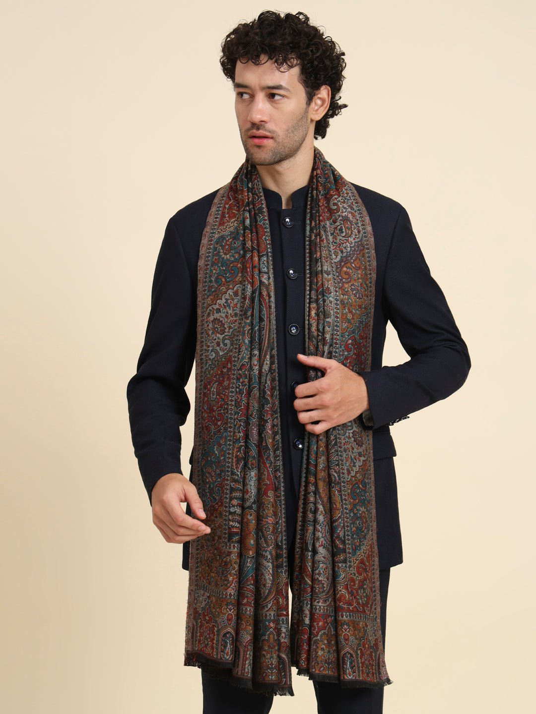 Kani Weave Woven Shawl for Men in Paisley Royal Equisite Patterns | Black