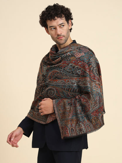 Kani Weave Woven Shawl for Men in Paisley Royal Equisite Patterns | Black