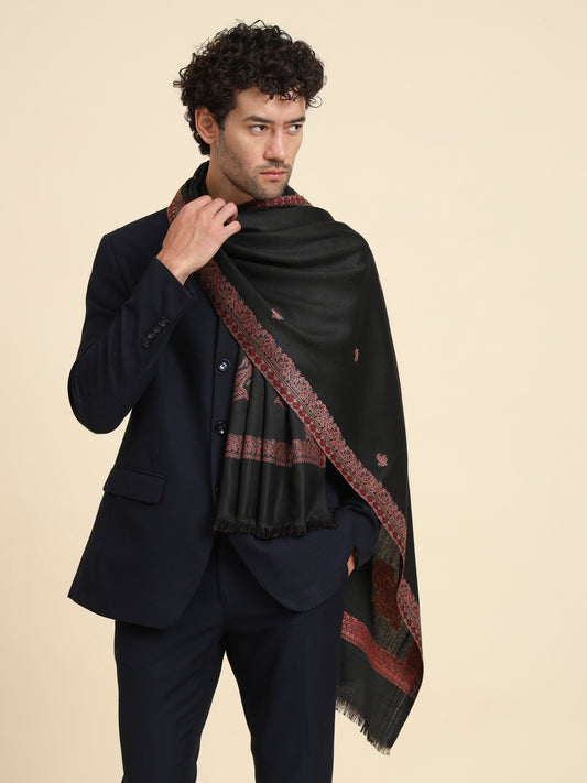 Woven Stole for Men with Daur Border in Kashmiri Design | Black