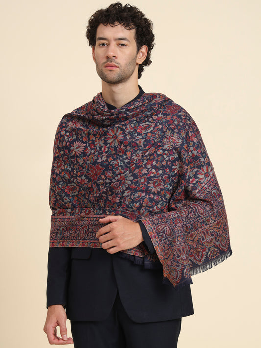 Kani Weave Woven Shawl for Men in Cutting with Floral Patterns | Blue