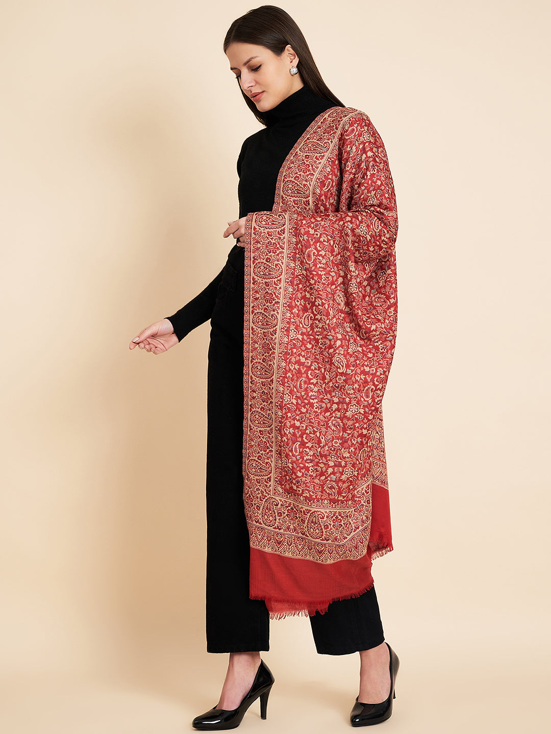 Kani Weave Woven Stole for Women in Paisley Jaal Patterns | Maroon