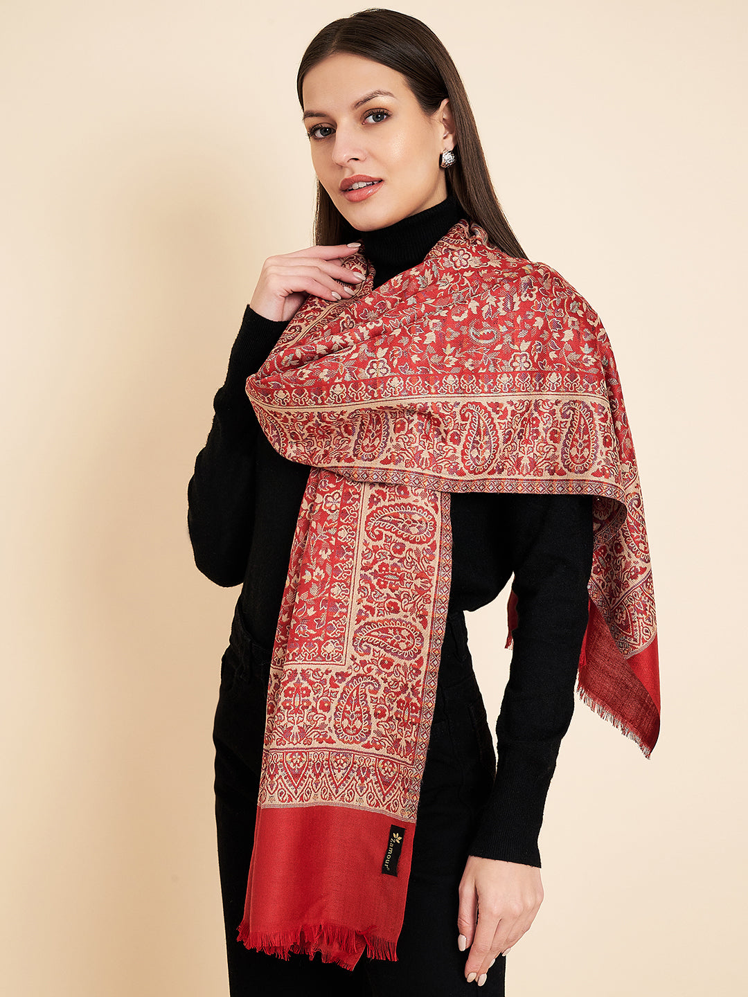 Kani Weave Woven Stole for Women in Paisley Jaal Patterns | Maroon