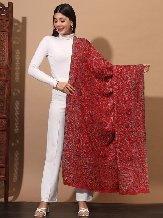 Kani weave Woven Shawl for Women in Cutting with Floral Patterns | Maroon