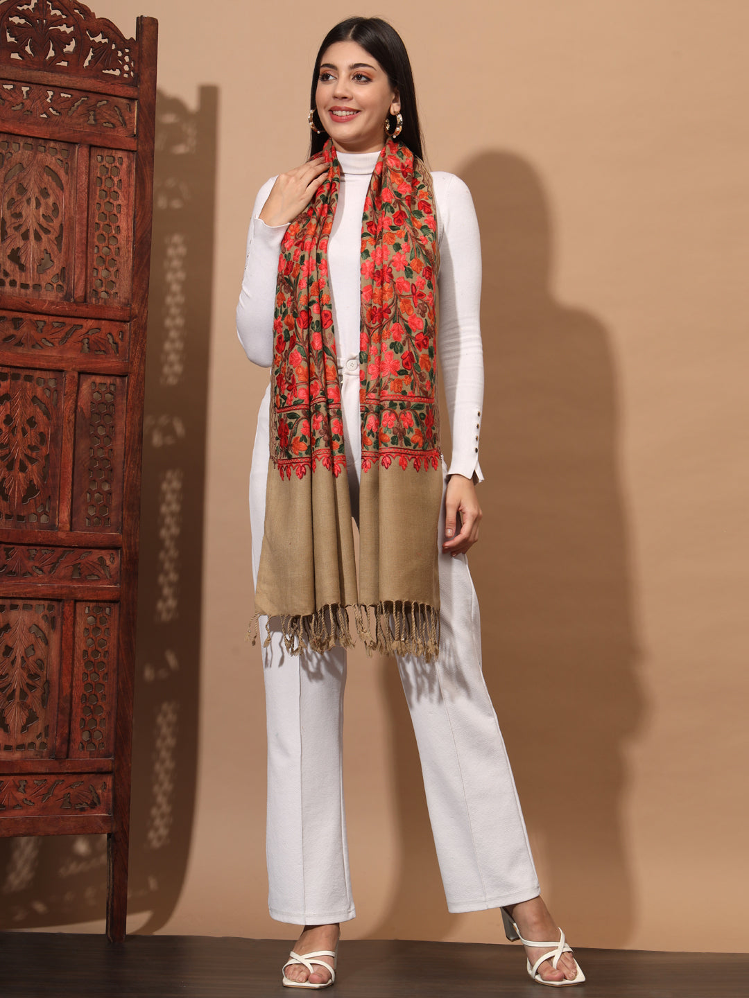 Kashmiri Aari Embroidery Woollen Stole for Women | Brown
