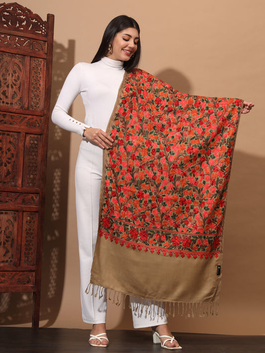 Kashmiri Aari Embroidery Woollen Stole for Women | Brown