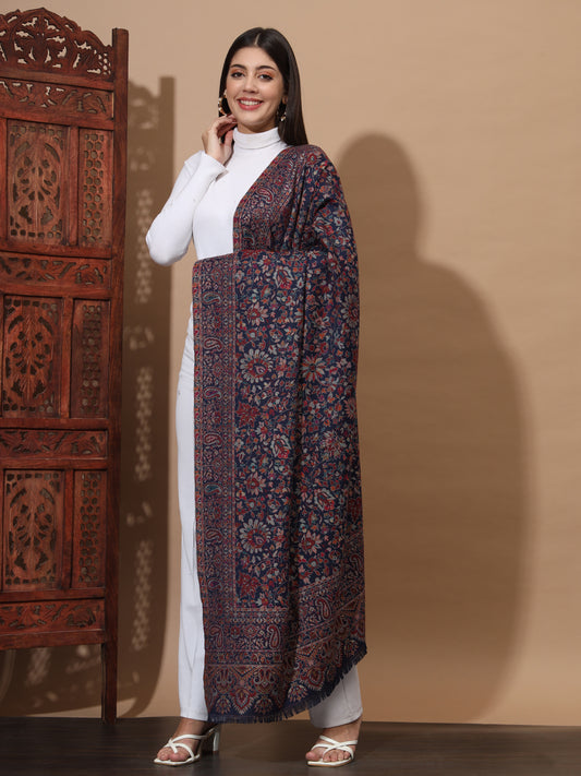 Kani Weave Woven Shawl for Women in Cutting with Floral Patterns | Blue