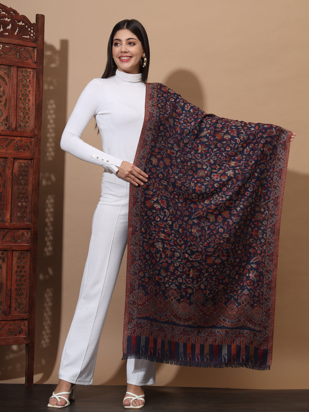 Kani Weave Woven Stole for Women in Paisley Jaal Patterns | Blue