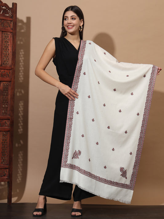 Woven Stole for Women with Daur Border in Woollen Kashmiri Design | White