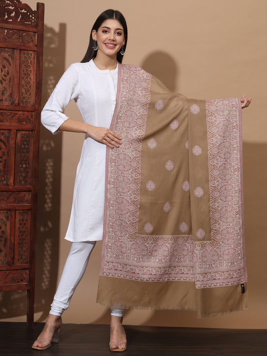 Woven Shawl for Women with Daur Border in Woollen Kashmiri Design | Brown