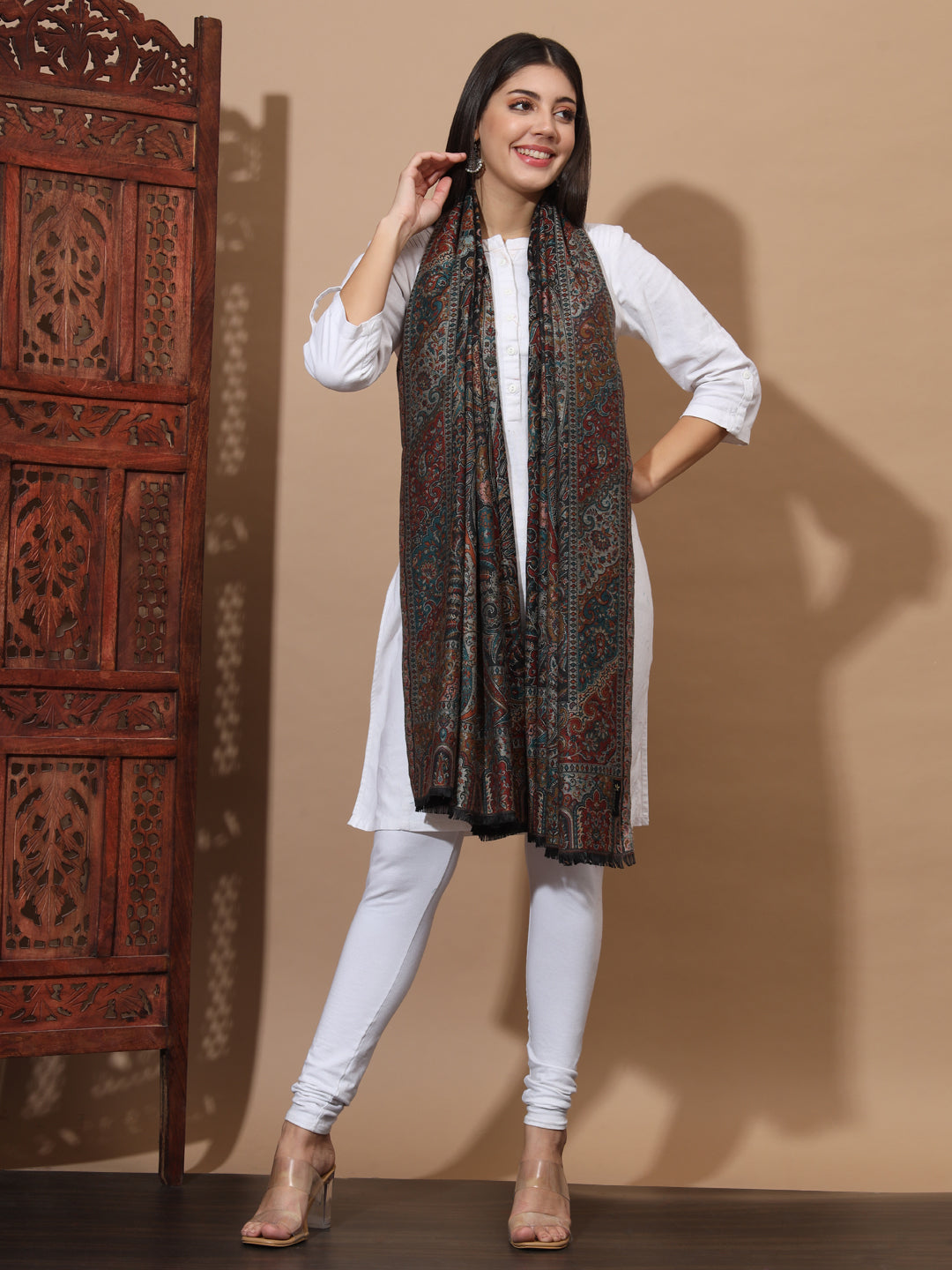 Kani Weave Woven Shawl for Women in Paisley Royal Equisite Patterns | Black