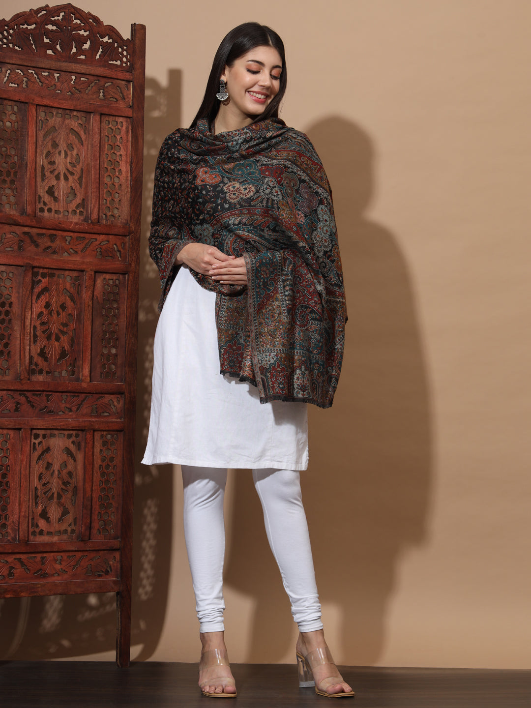Kani Weave Woven Shawl for Women in Paisley Royal Equisite Patterns | Black