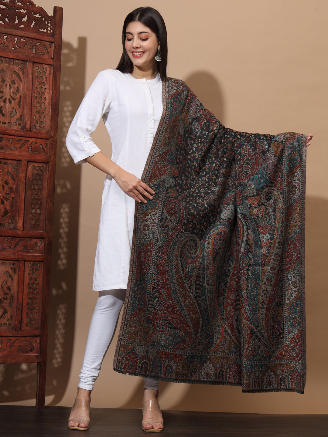 Kani Weave Woven Shawl for Women in Paisley Royal Equisite Patterns | Black