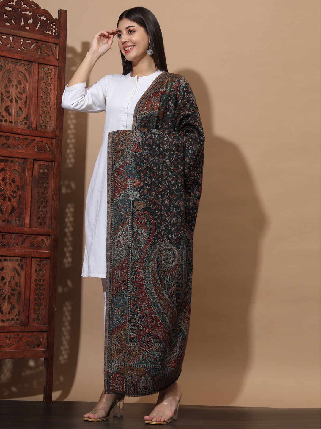 Kani Weave Woven Shawl for Women in Paisley Royal Equisite Patterns | Black