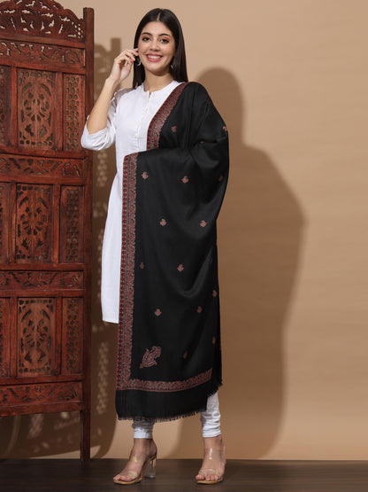 Woven Stole for Women with Daur Border in Woollen Kashmiri Design | Black