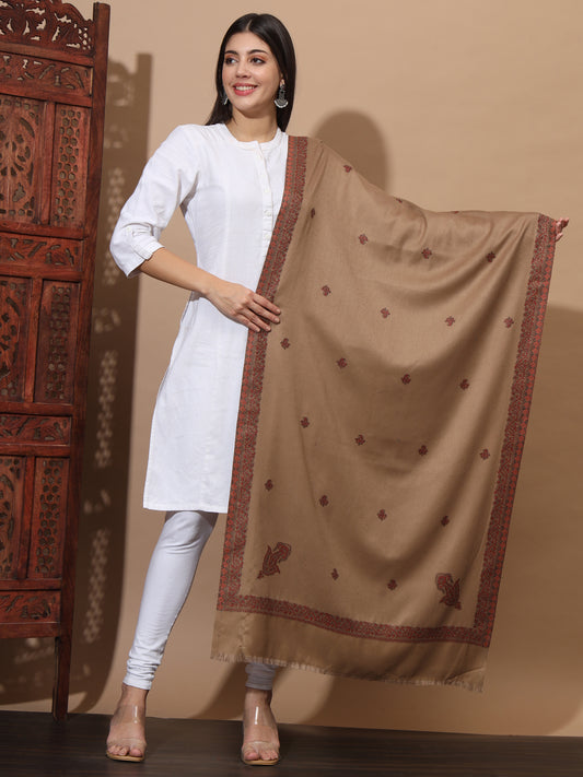 Woven Stole for Women with Daur Border in Woollen Kashmiri Design | Brown