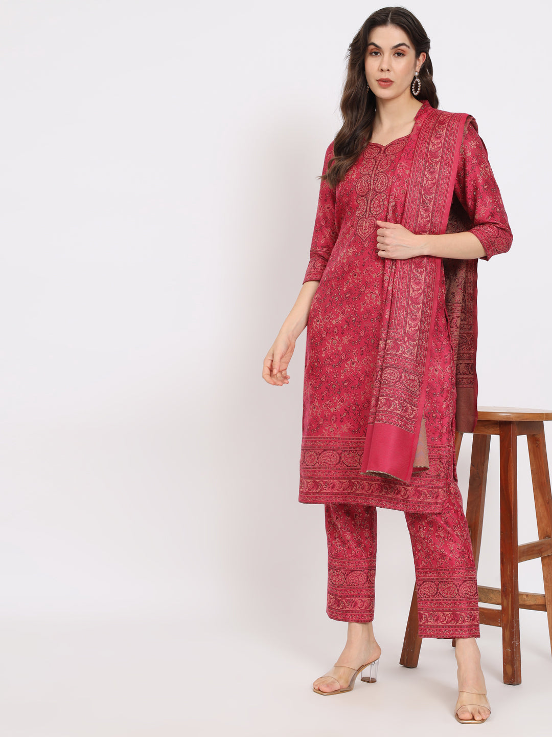 Unstitched Kani Woven Design Suit Dress Material | Pink