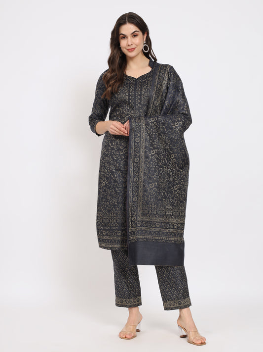 Unstitched Kani Woven Design Suit Dress Material | Navy
