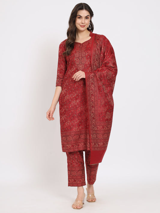 Unstitched Kani Woven Design Suit Dress Material | Maroon