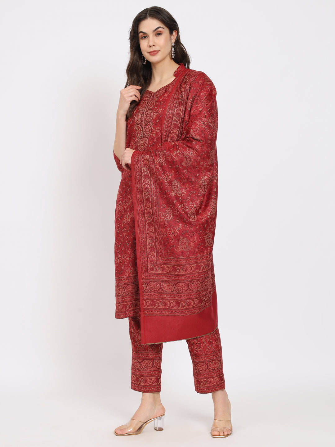 Unstitched Kani Woven Design Suit Dress Material | Maroon