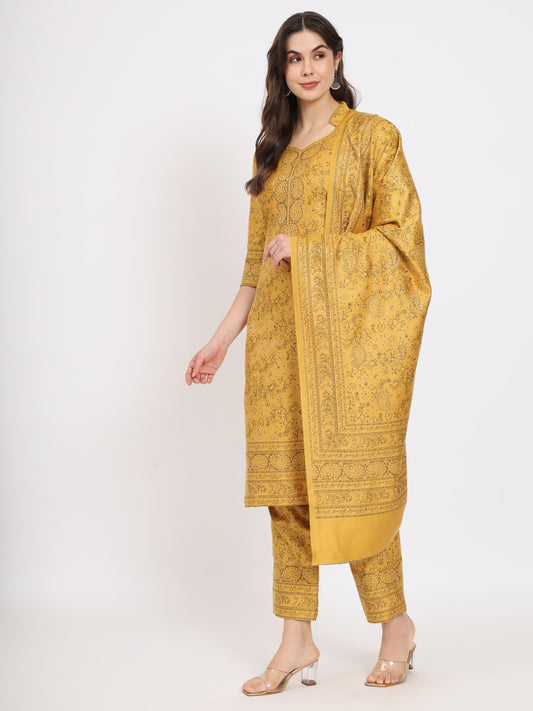 Unstitched Kani Woven Design Suit Dress Material | Mustard