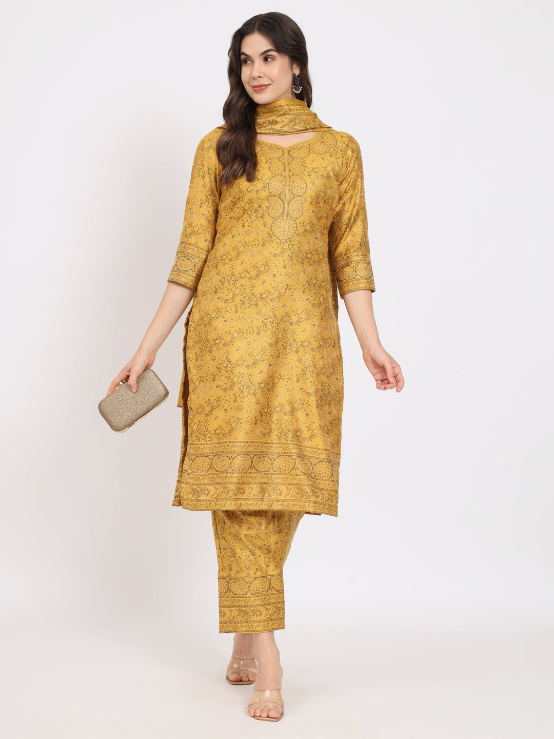 Unstitched Kani Woven Design Suit Dress Material | Mustard