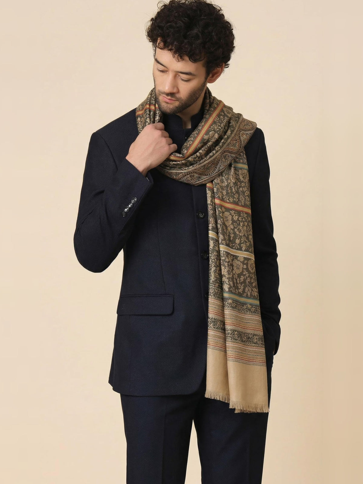 Jacquard Woven Shawl for Men in Floral Patterns | Brown - photo 1