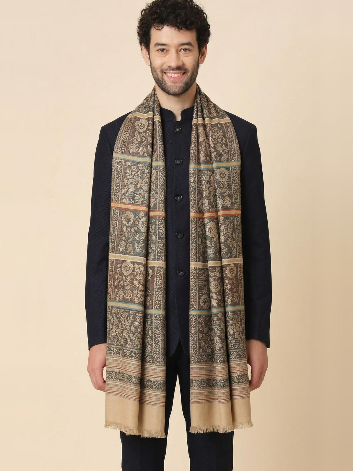 Jacquard Woven Shawl for Men in Floral Patterns | Brown - photo 2