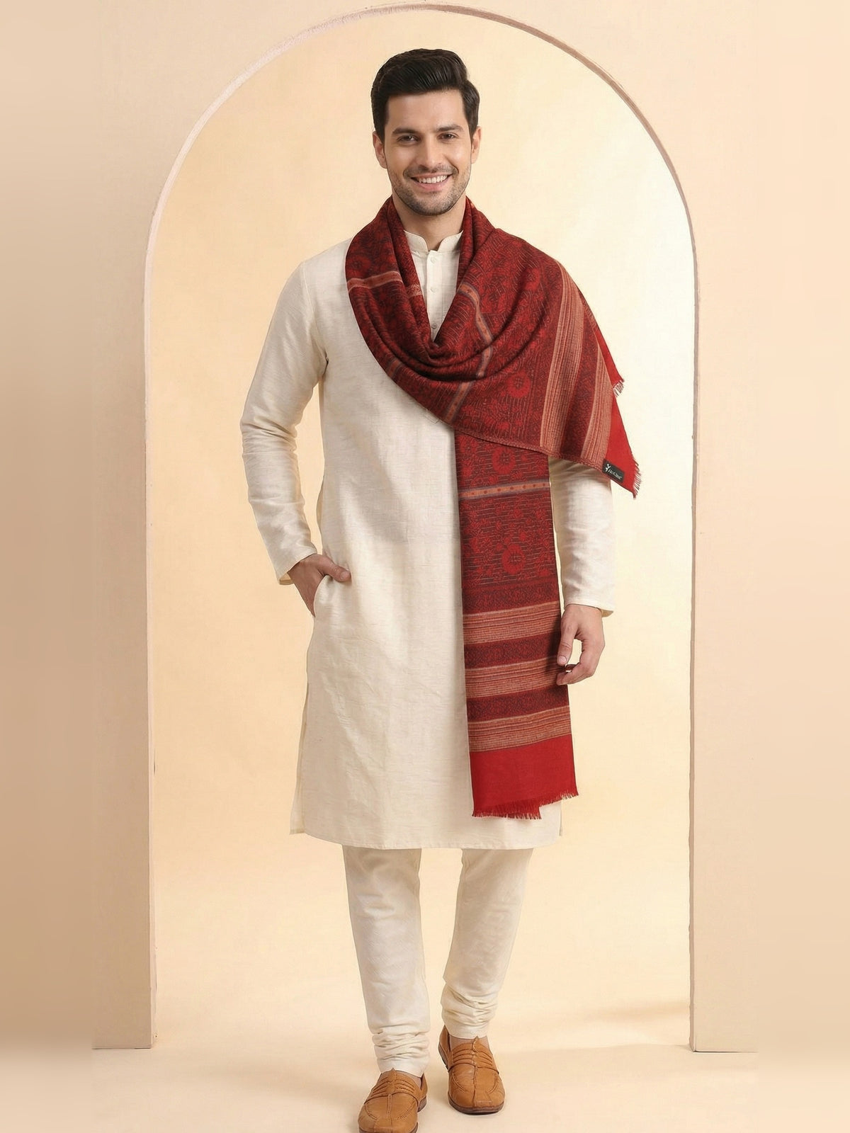 Woven Jamawar Shawl for Men in Floral Patterns | Maroon - photo 1