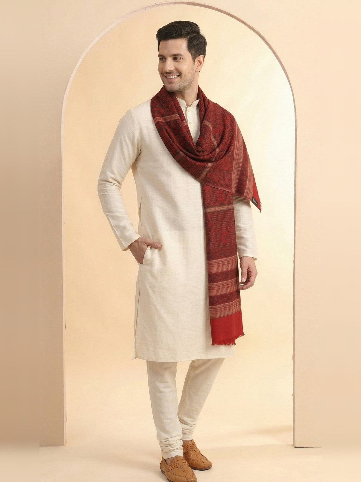Woven Jamawar Shawl for Men in Floral Patterns | Maroon - photo 2