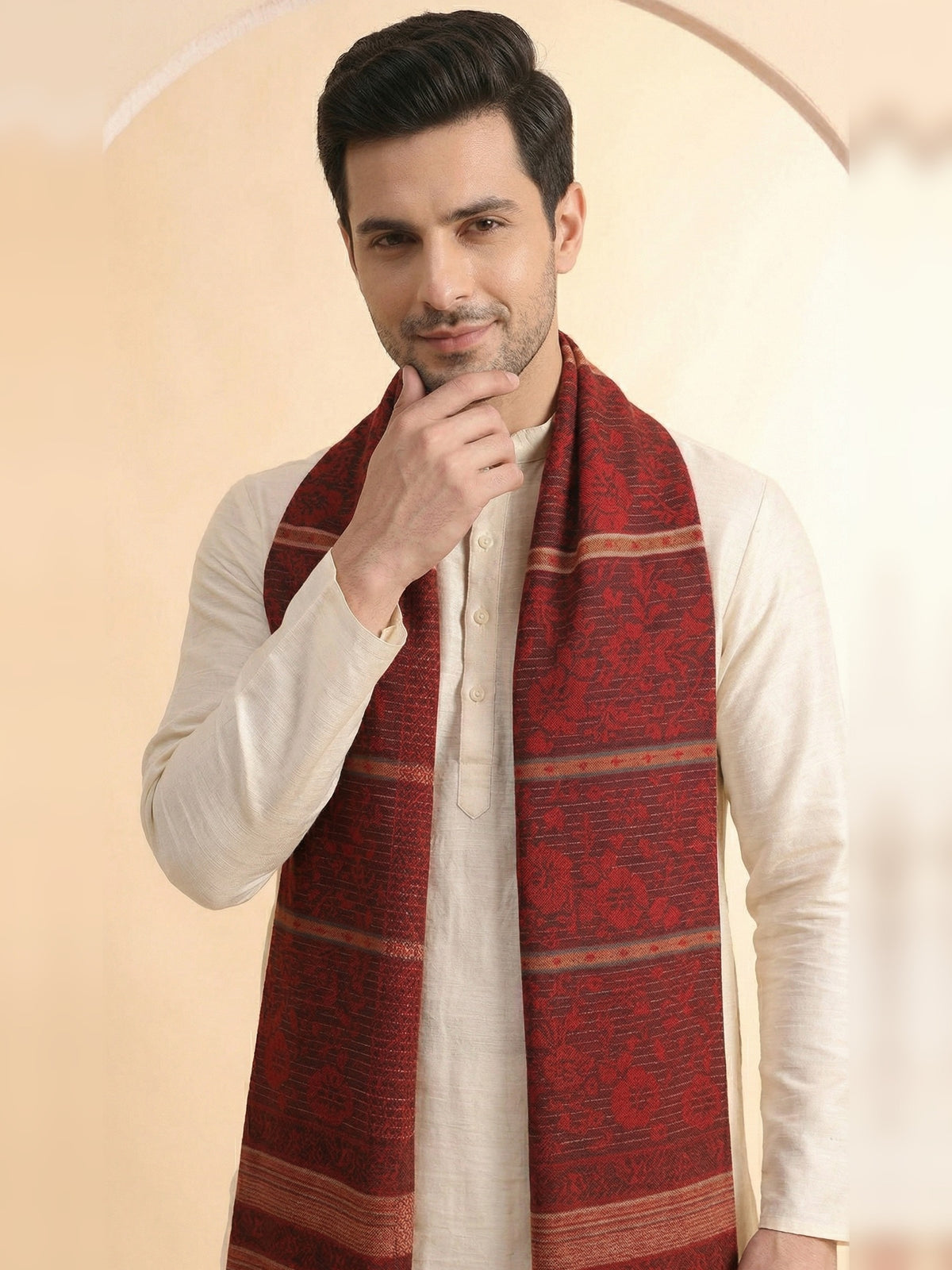 Woven Jamawar Shawl for Men in Floral Patterns | Maroon - photo 4
