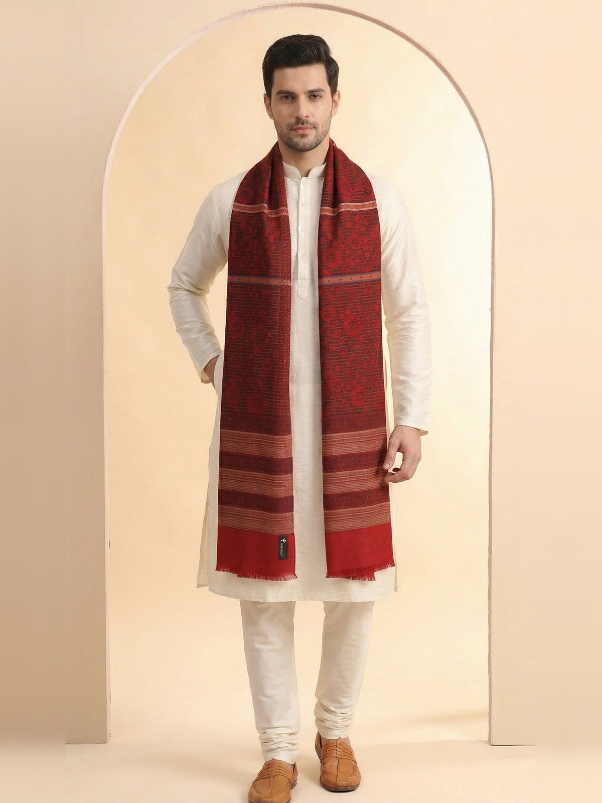 Woven Jamawar Shawl for Men in Floral Patterns | Maroon - photo 5