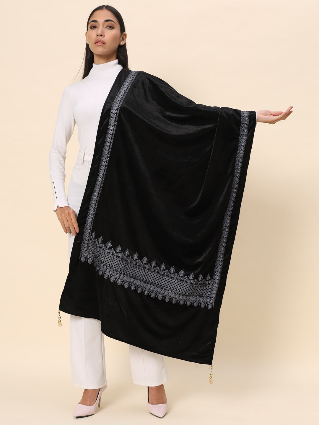 Soft Velvet Embroidered Stole For Women | Black