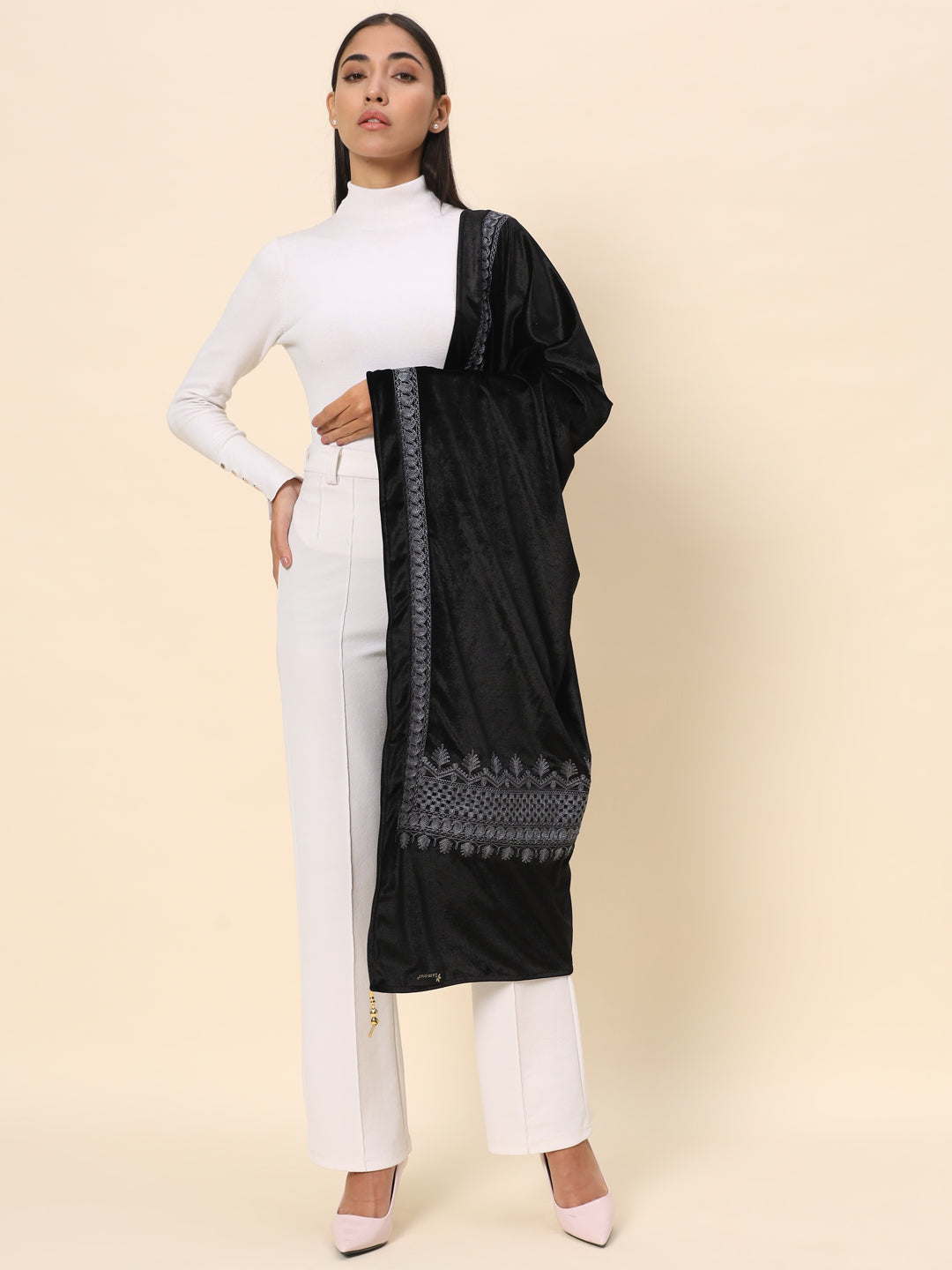 Soft Velvet Embroidered Stole For Women | Black
