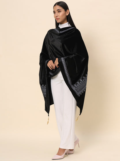Soft Velvet Embroidered Stole For Women | Black