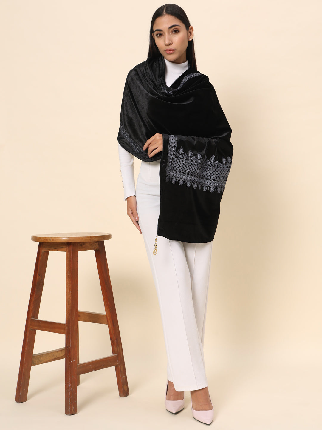 Soft Velvet Embroidered Stole For Women | Black