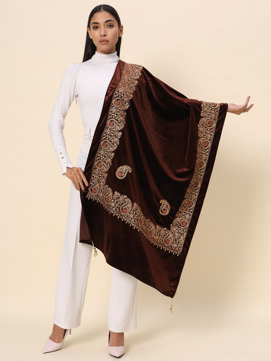 Soft Velvet Paisley Embroidered Stole For Women | Brown