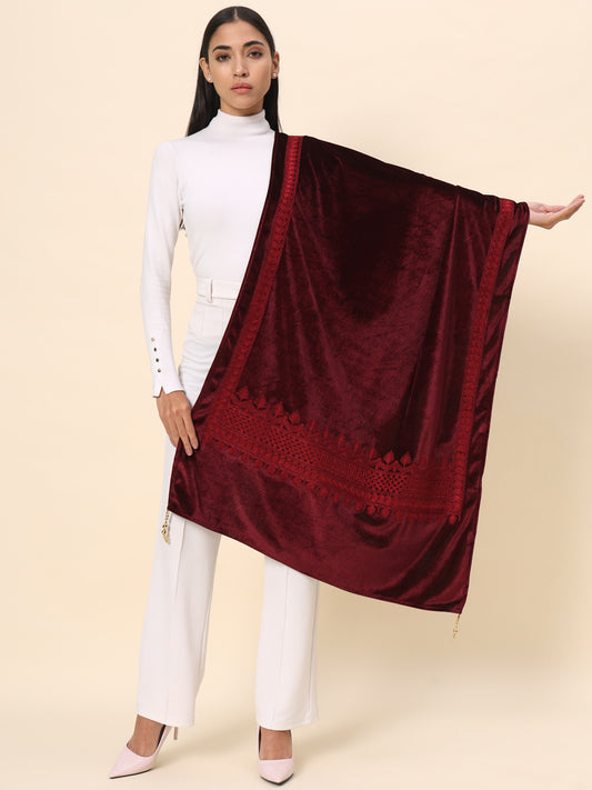 Soft Velvet Embroidered Stole For Women | Maroon