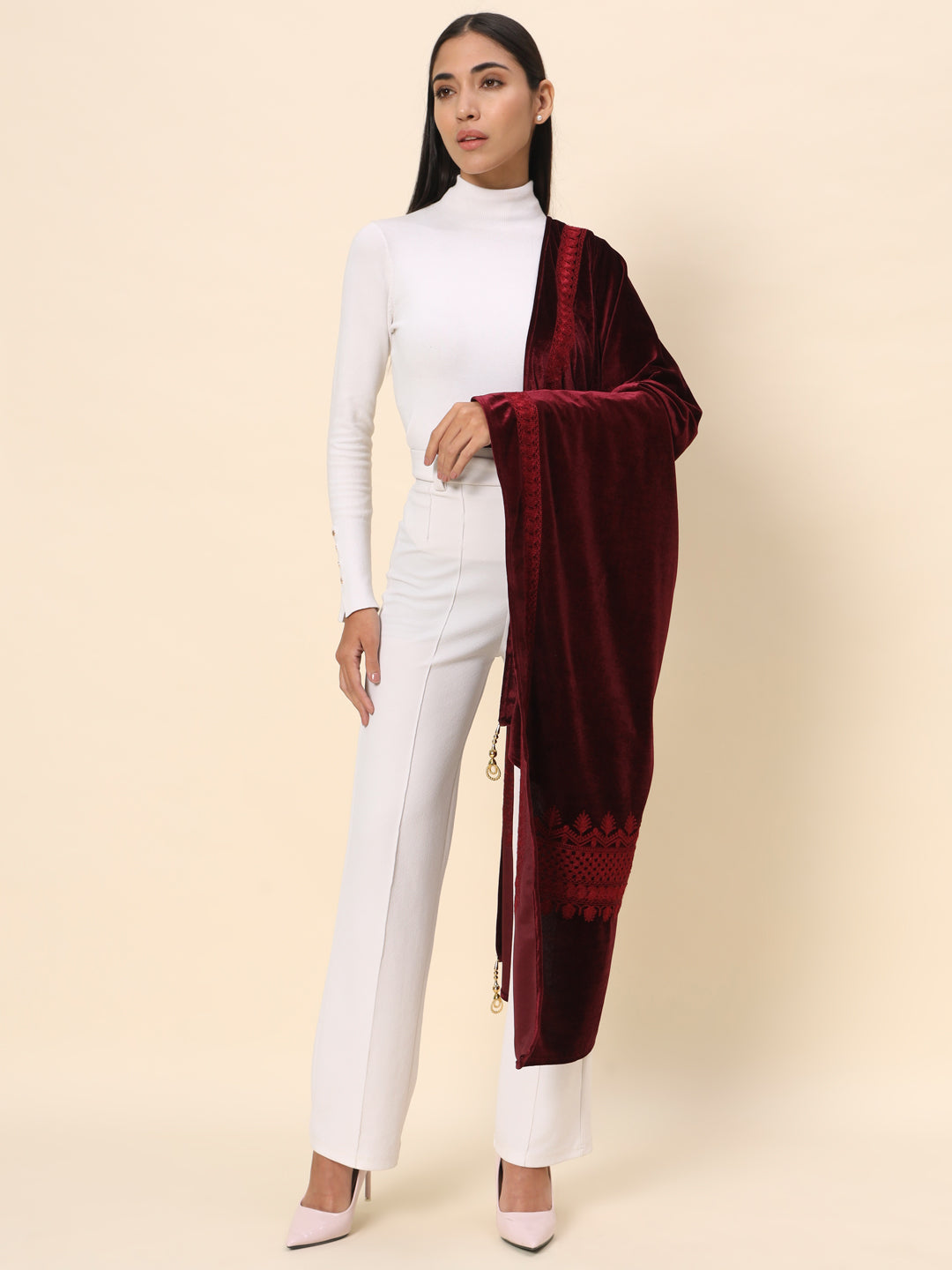 Soft Velvet Embroidered Stole For Women | Maroon