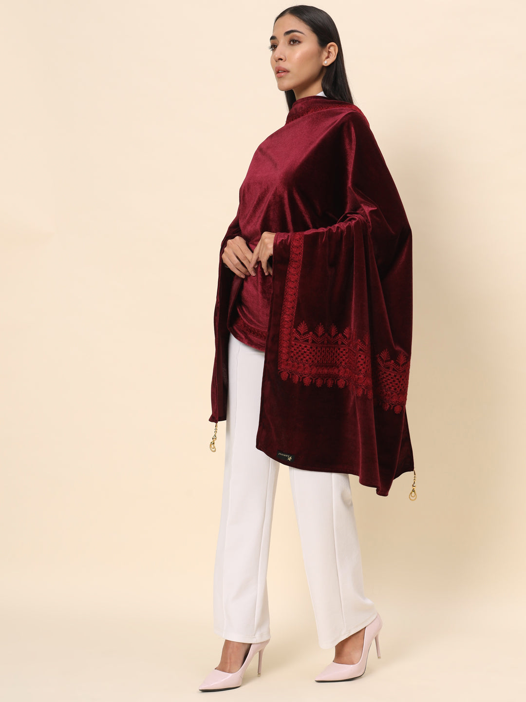Soft Velvet Embroidered Stole For Women | Maroon