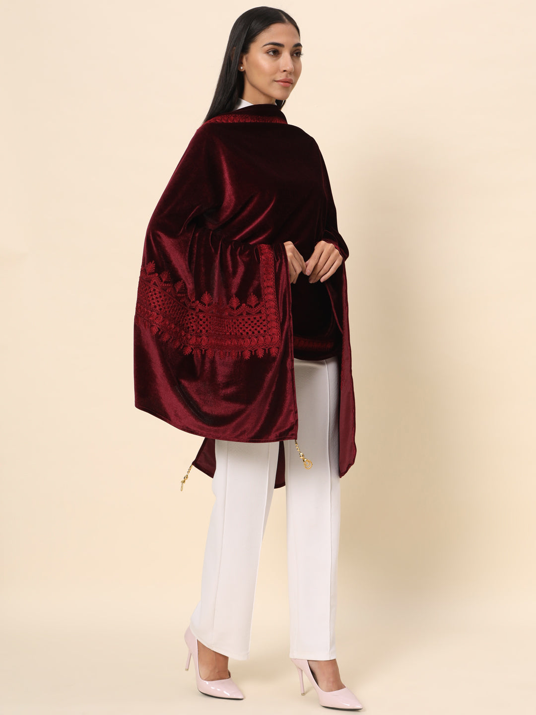 Soft Velvet Embroidered Stole For Women | Maroon