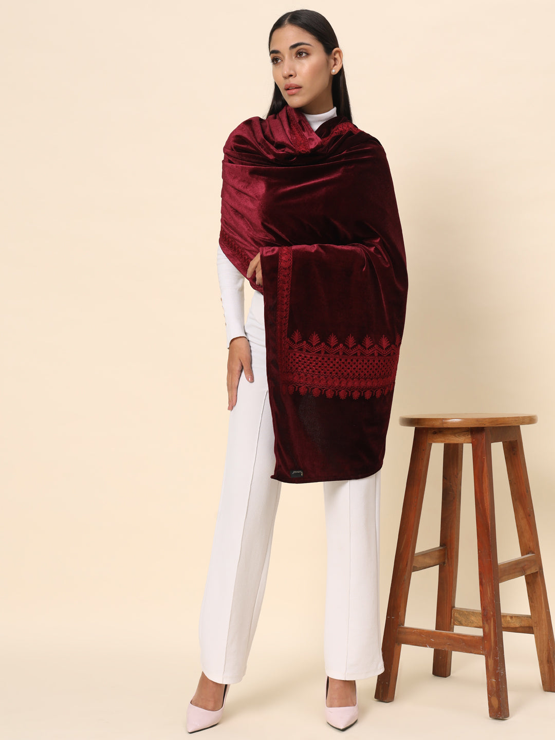 Soft Velvet Embroidered Stole For Women | Maroon