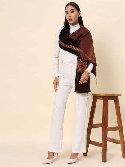 Soft Velvet Embroidered Stole For Women | Brown