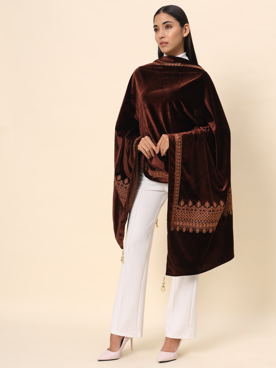 Soft Velvet Embroidered Stole For Women | Brown