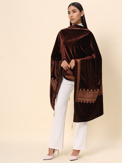 Soft Velvet Embroidered Stole For Women | Brown
