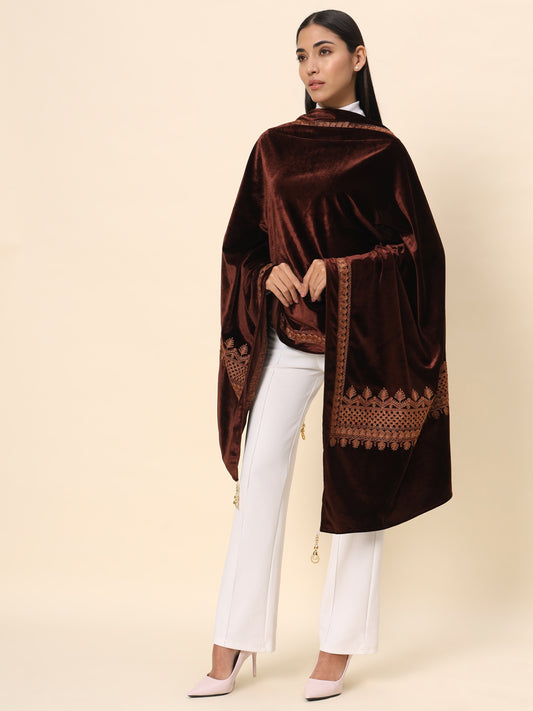 Soft Velvet Embroidered Stole For Women | Brown