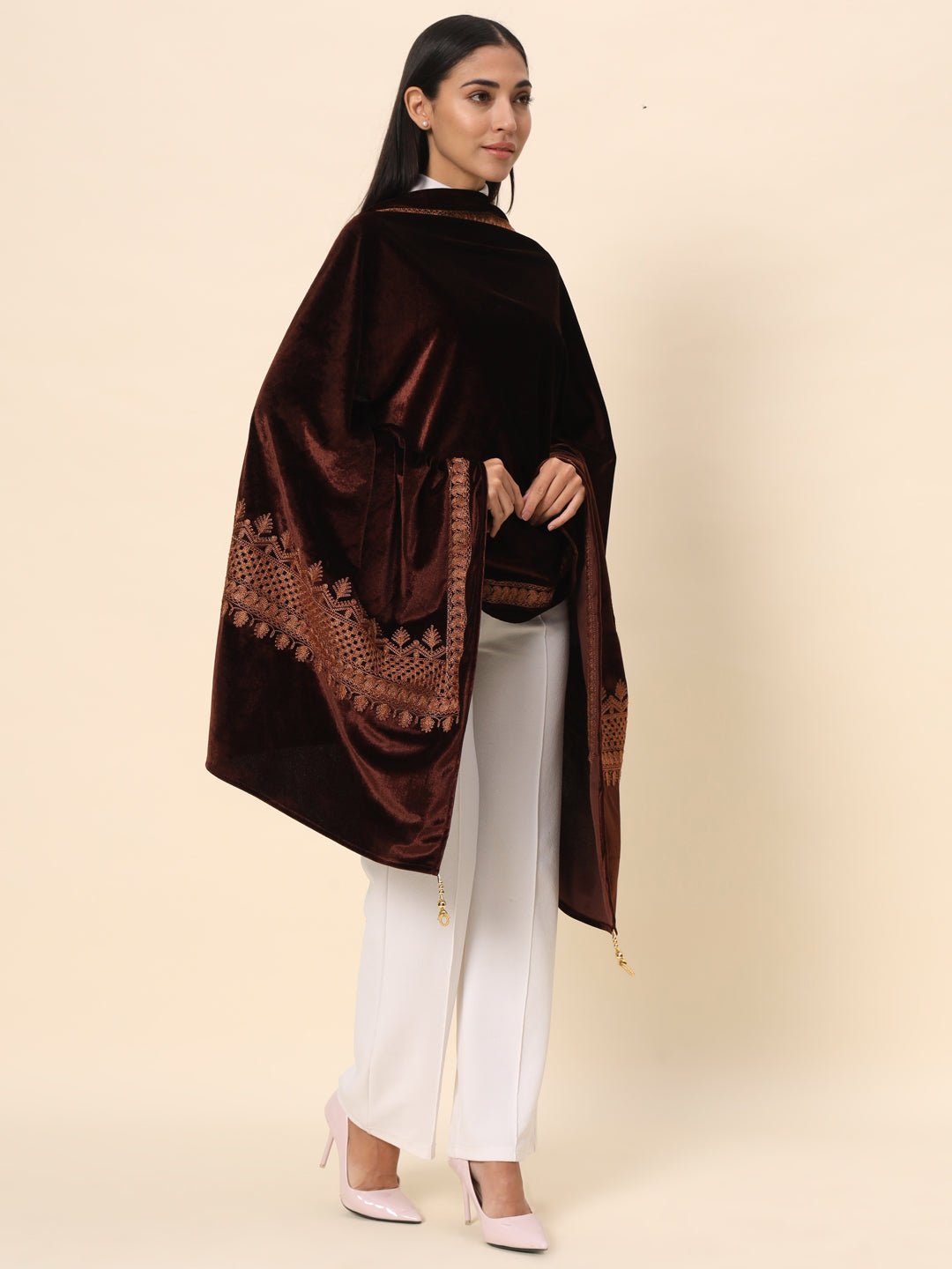 Soft Velvet Embroidered Stole For Women | Brown