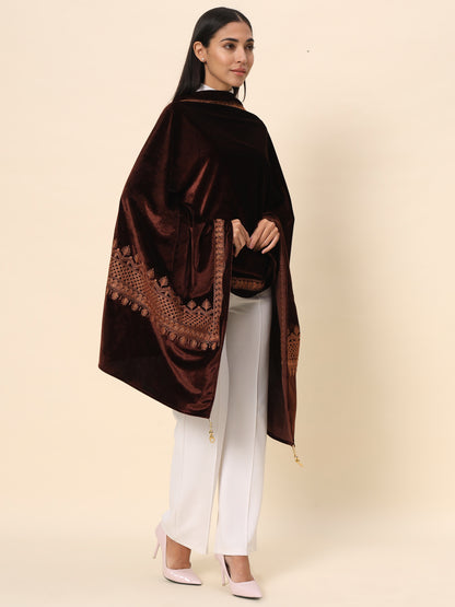 Soft Velvet Embroidered Stole For Women | Brown