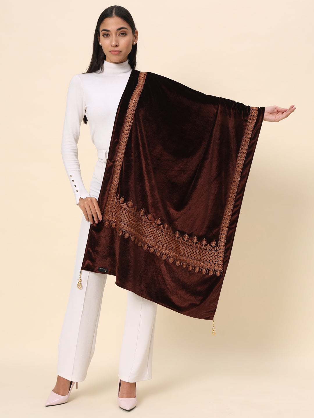 Soft Velvet Embroidered Stole For Women | Brown