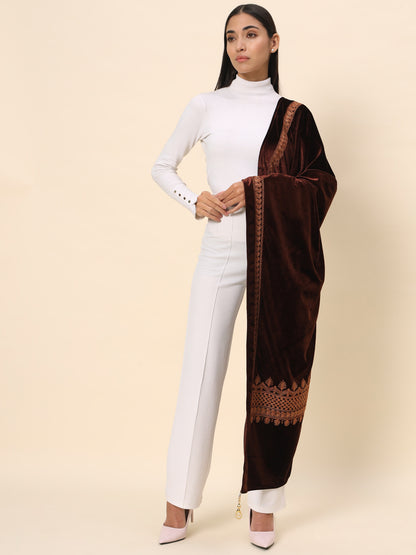 Soft Velvet Embroidered Stole For Women | Brown