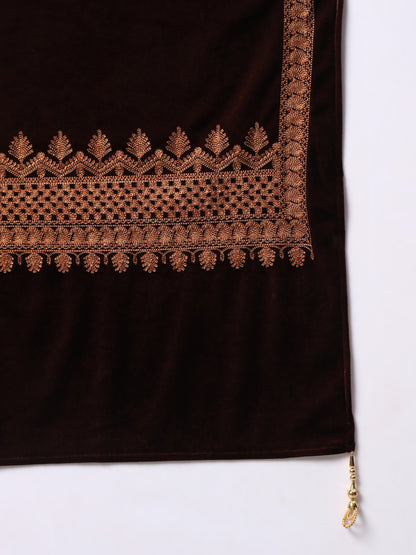 Soft Velvet Embroidered Stole For Women | Brown